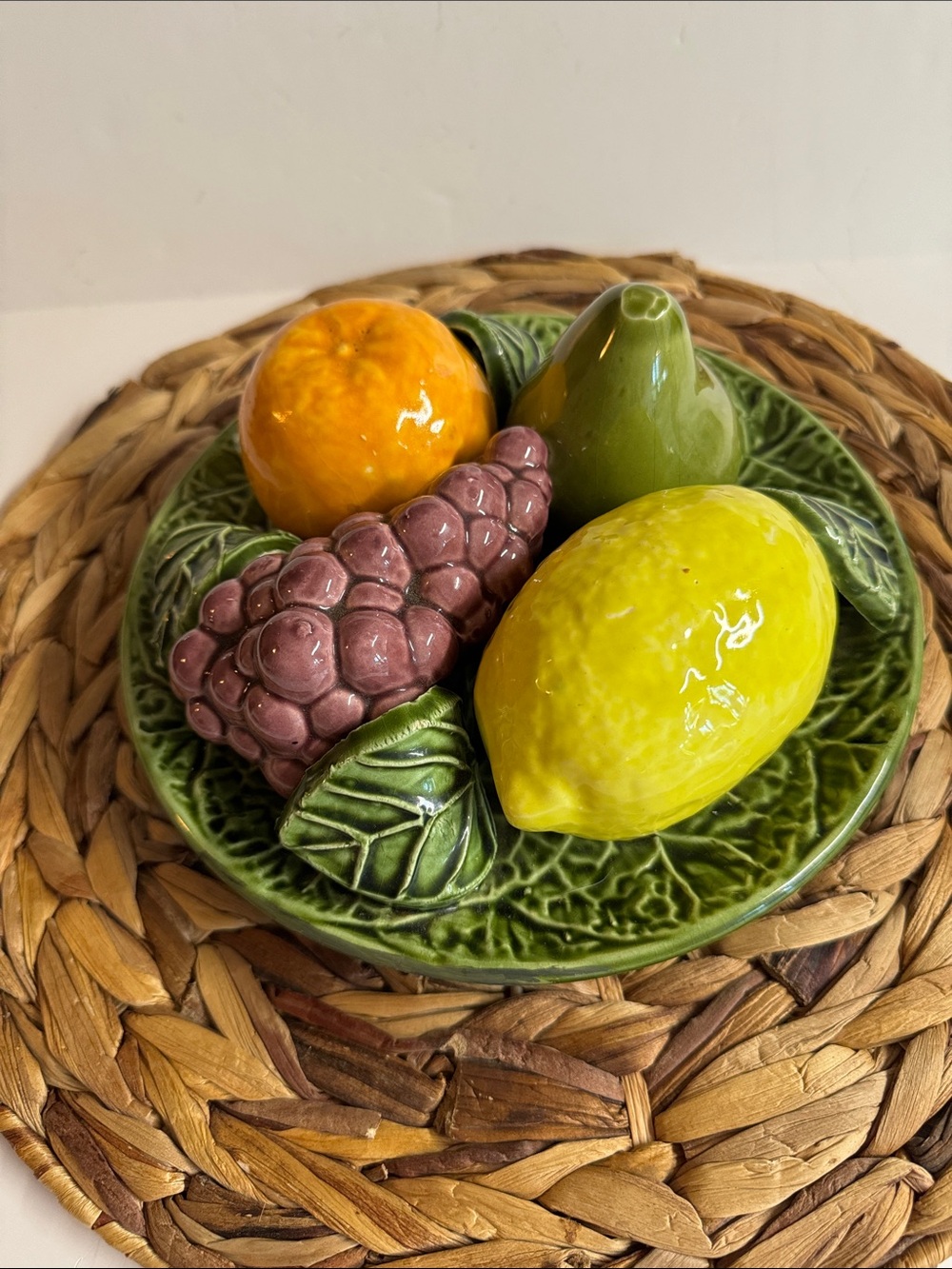 Vintage 80s Ceramic Fruit Plate with Lemon, Green Pear, Orange and Grapes.Decor